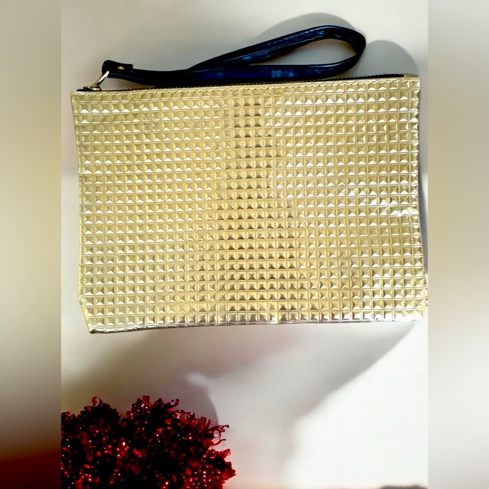 Diamond Pattern Shiny Wristlet Wallet Pouch Clutch Top Zip Gold Black